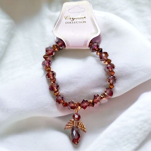 Purple Crystal Angel Charm Beaded Stretch Gold Tone Bracelet NWT - Picture 1 of 2